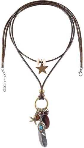 Layered Star and Feather Cord Necklace