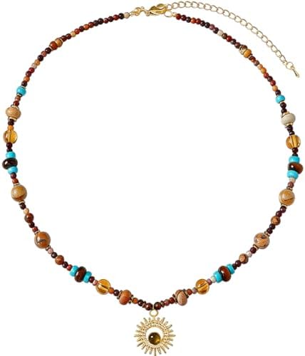 Tiger Eye Sun Necklace with Turquoise Beads
